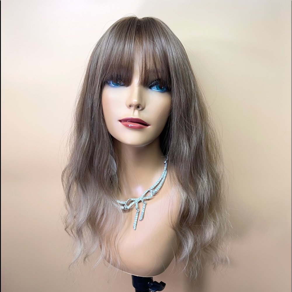 22” brown blond water wave bangs long wig